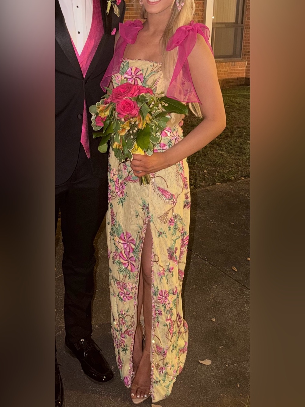 Sherri Hill Embellished Floral Sequin Prom Dress Yellow Hot Pink 0